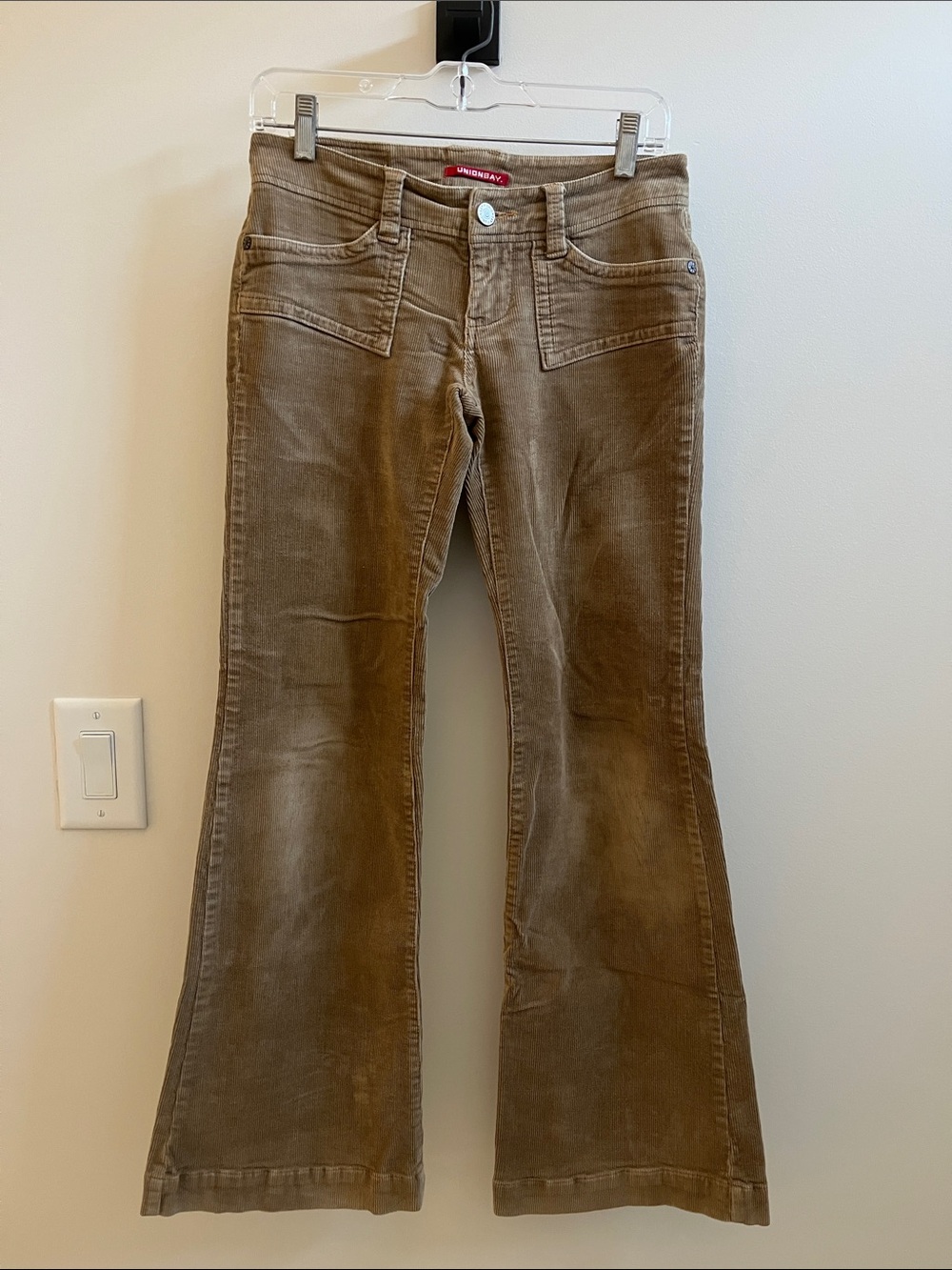 Vintage Union Bay Corduroy Pants Wide Leg Jean Fringe Khaki Tan Size 3 Y2K
